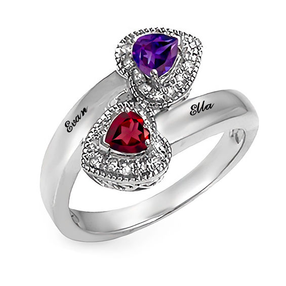 Couple's 4.0mm Heart-Shaped Birthstone and Diamond Accent Bypass Ring in Sterling Silver (2 Stones and Names)
