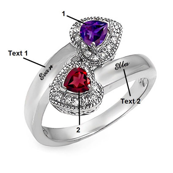 Couple's 4.0mm Heart-Shaped Birthstone and Diamond Accent Bypass Ring in Sterling Silver (2 Stones and Names)