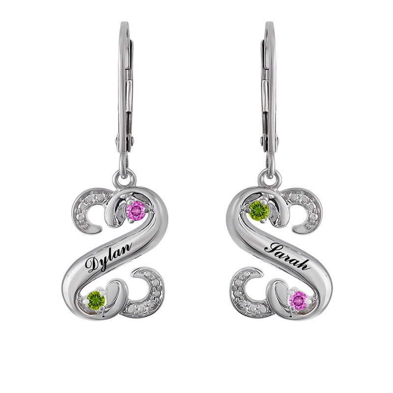 Main Image 1 of Open Hearts by Jane Seymour™ Birthstone and Diamond Accent Drop Earrings in Sterling Silver (2 Stones and Names)