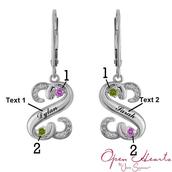Open Hearts by Jane Seymourâ¢ Birthstone and Diamond Accent Drop Earrings in Sterling Silver (2 Stones and Names)