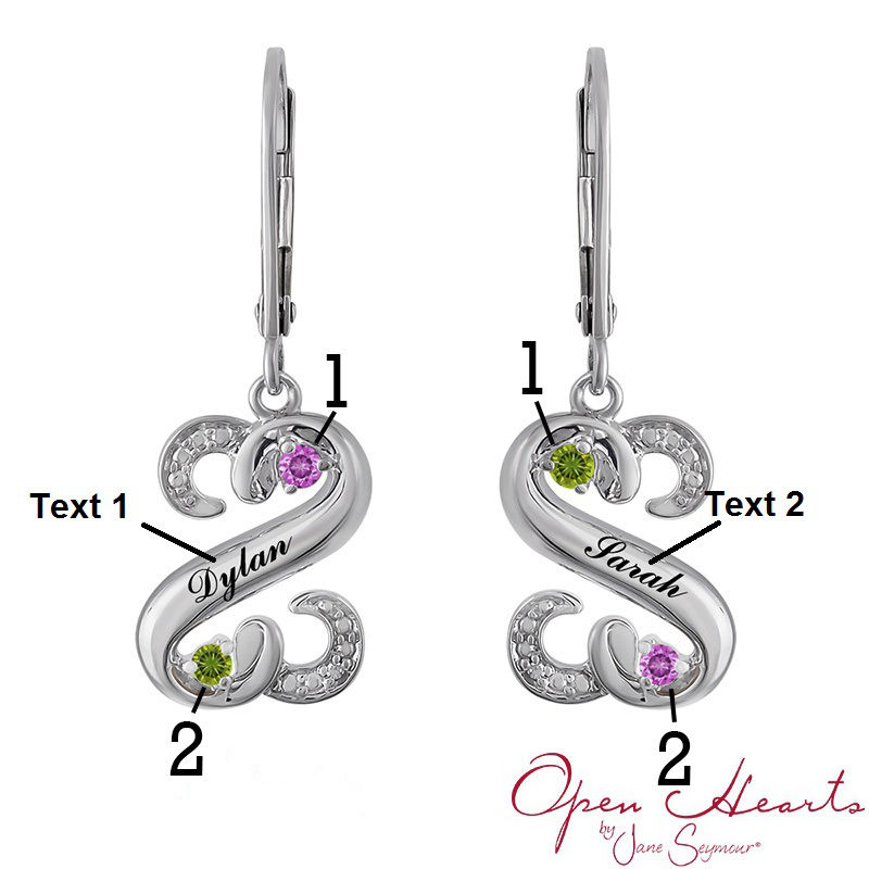 Main Image 2 of Open Hearts by Jane Seymour™ Birthstone and Diamond Accent Drop Earrings in Sterling Silver (2 Stones and Names)
