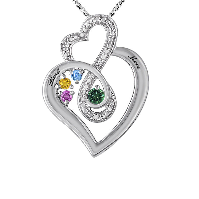 Mother's Birthstone and Diamond Accent Heart-Shaped Infinity Pendant in Sterling Silver (4 Stones and 2 Lines)