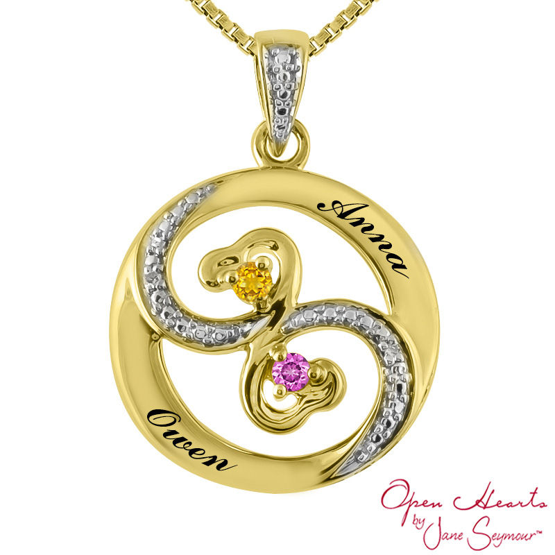 Main Image 2 of Open Hearts Waves by Jane Seymour™ Couple's Birthstone and Diamond Accent Pendant in 10K Gold (2 Stones and Names)