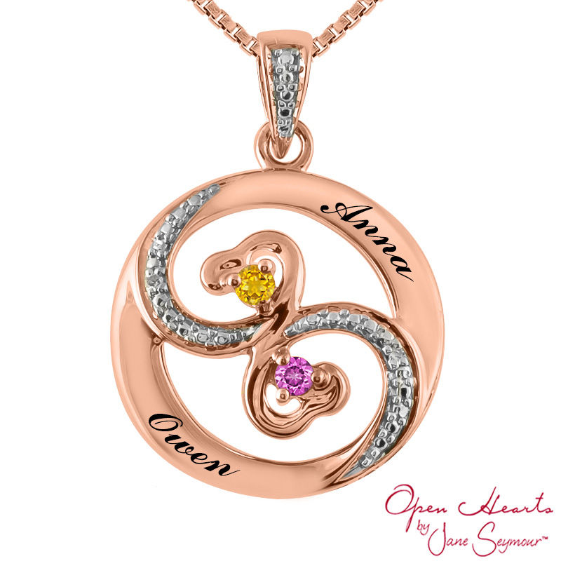 Main Image 3 of Open Hearts Waves by Jane Seymour™ Couple's Birthstone and Diamond Accent Pendant in 10K Gold (2 Stones and Names)
