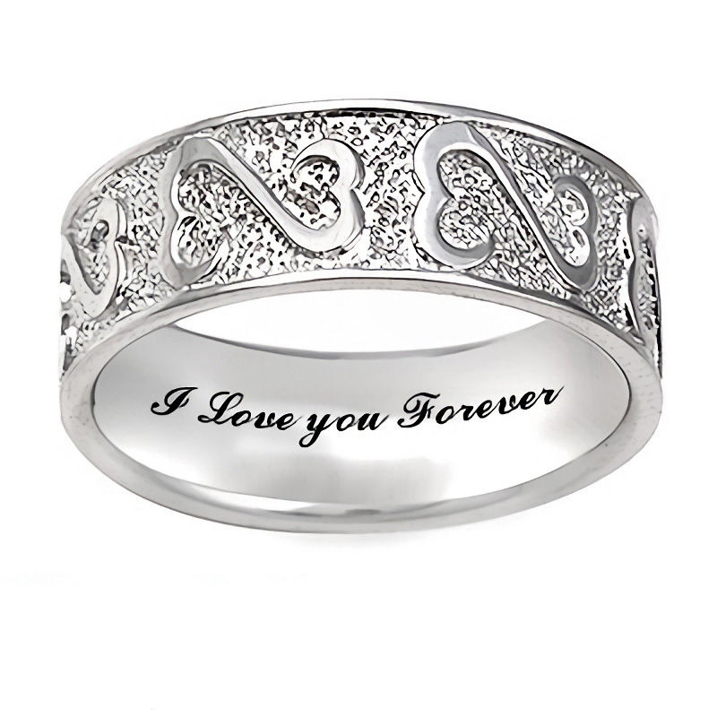 Open Hearts Family by Jane Seymour™ Personalized Textured Wedding Band in Sterling Silver (1 Line)
