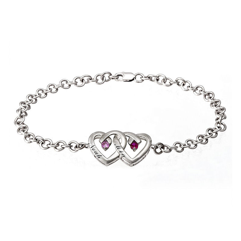 Main Image 1 of Couple's Birthstone Double Heart Anklet in Sterling Silver (2 Stones and Names) - 9.0"