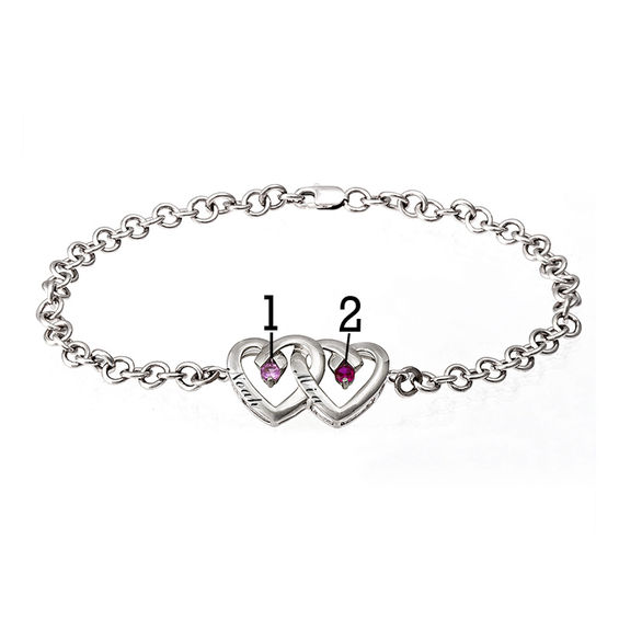 Couple's Birthstone Double Heart Anklet in Sterling Silver (2 Stones and Names) - 9.0"