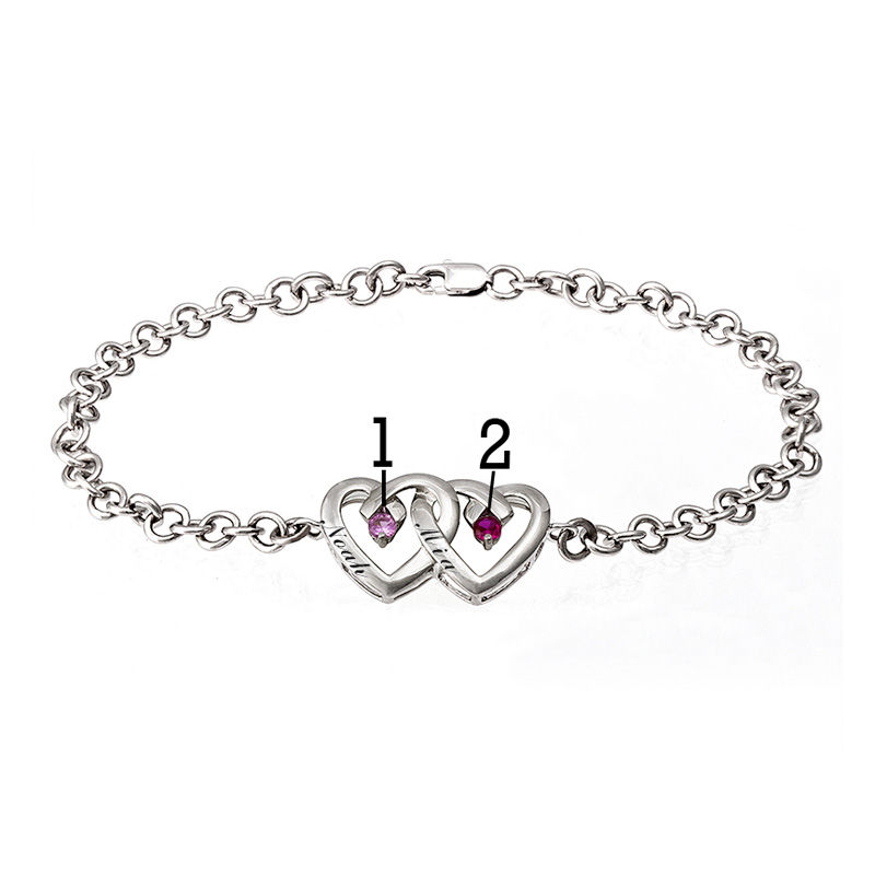 Main Image 2 of Couple's Birthstone Double Heart Anklet in Sterling Silver (2 Stones and Names) - 9.0"