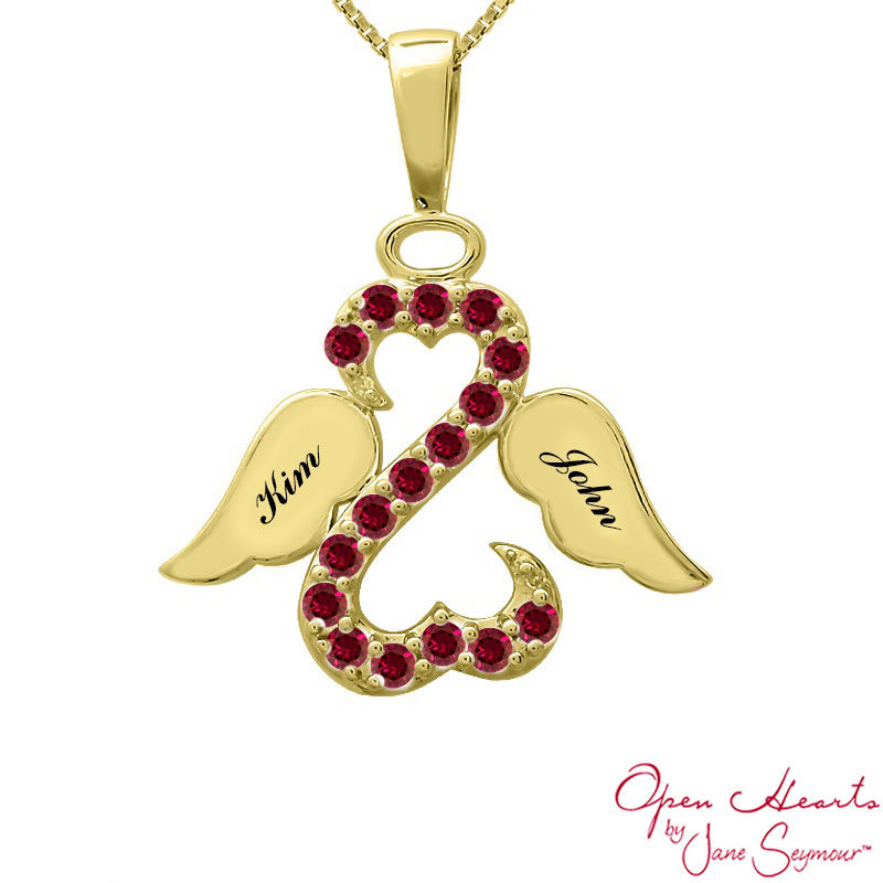 Main Image 2 of Open Hearts Family by Jane Seymour™ Birthstone and Diamond Accent Angel Pendant in 10K Gold (1 Stone and 2 Names)