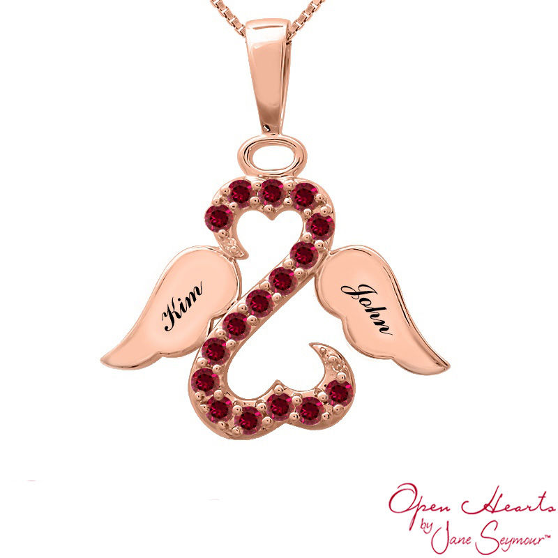 Main Image 3 of Open Hearts Family by Jane Seymour™ Birthstone and Diamond Accent Angel Pendant in 10K Gold (1 Stone and 2 Names)