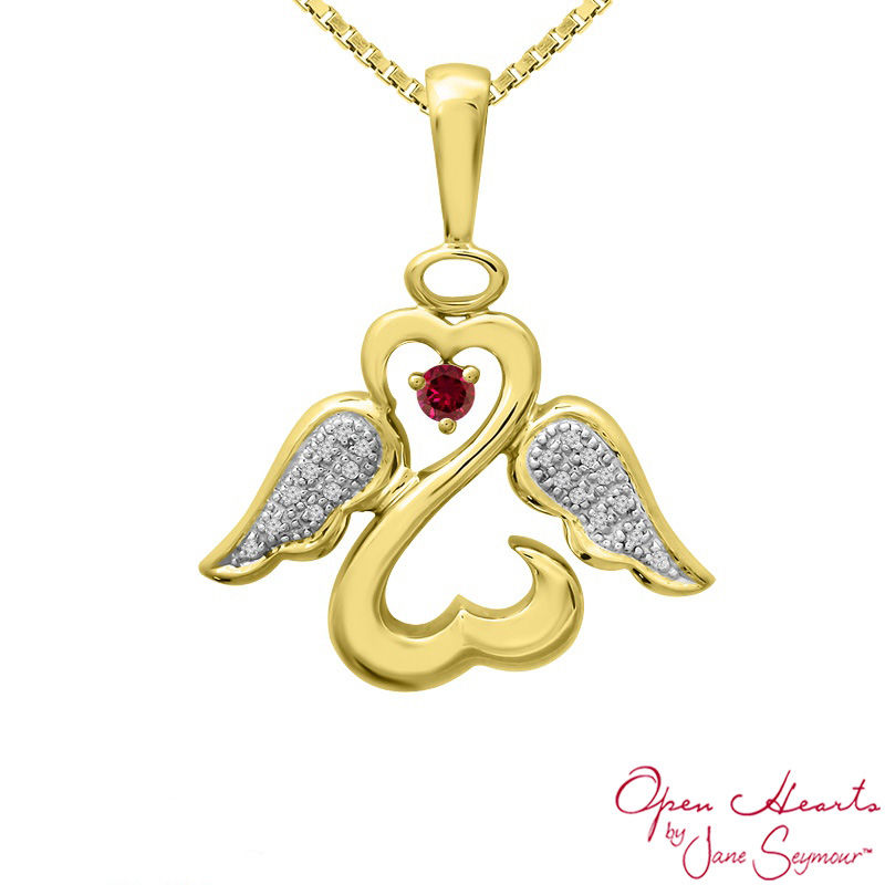 Main Image 2 of Open Hearts Family by Jane Seymour™ Birthstone and Diamond Accent Angel Pendant in 10K Gold (1 Stone)