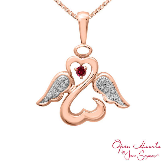 Open Hearts Family by Jane Seymourâ¢ Birthstone and Diamond Accent Angel Pendant in 10K Gold (1 Stone)