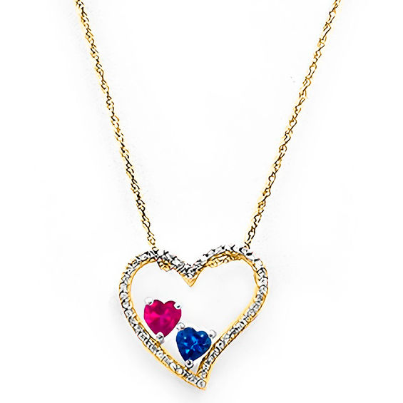 Couple's 4.0mm Birthstone and Diamond Accent Heart Pendant in 10K White or Yellow Gold (2 Stones)