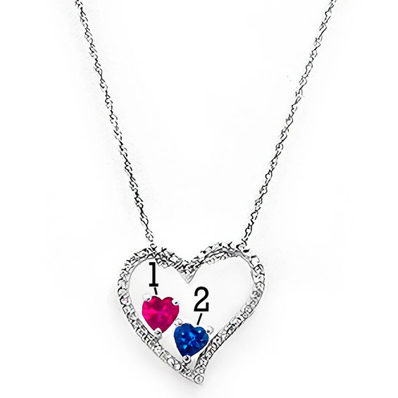 Couple's 4.0mm Birthstone and Diamond Accent Heart Pendant in 10K White or Yellow Gold (2 Stones)