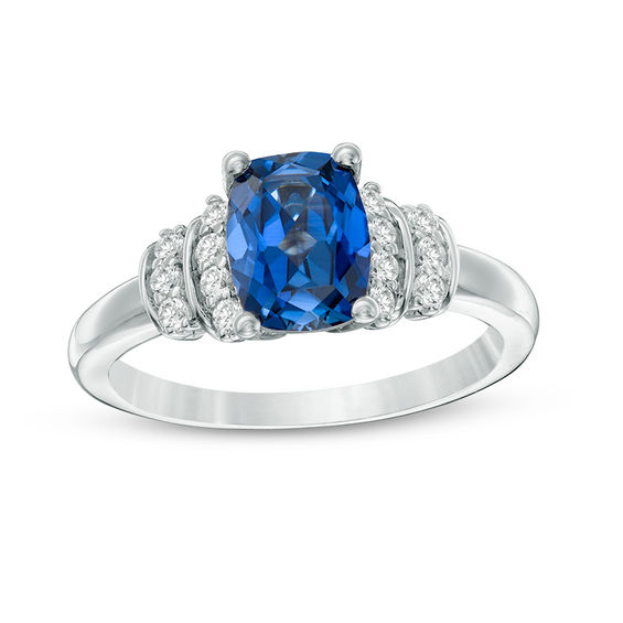 Cushion-Cut Lab-Created Ceylon and White Sapphire Double Collar Ring in 10K White Gold