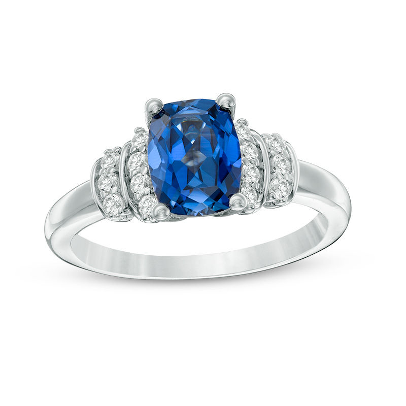 Main Image 1 of Cushion-Cut Lab-Created Ceylon and White Sapphire Double Collar Ring in 10K White Gold