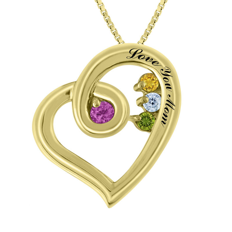 Main Image 2 of Mother's Birthstone Tilted Heart Pendant in 10K Gold (4 Stones and 1 Line)