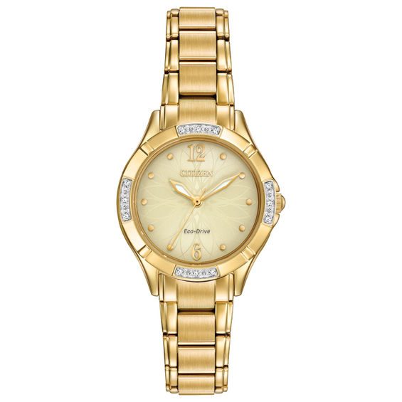 Ladies' Citizen Eco-DriveÂ® Diamond Accent Gold-Tone Watch with Champagne Dial (Model: Em0452-58P)