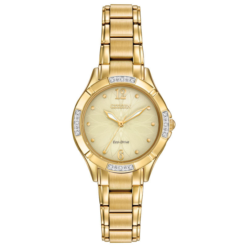 Main Image 1 of Ladies' Citizen Eco-Drive® Diamond Accent Gold-Tone Watch with Champagne Dial (Model: EM0452-58P)