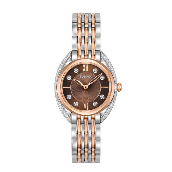 Ladies' Bulova Diamond Accent Two-Tone Watch with Brown Dial (Model: 98R230)