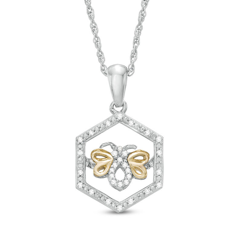 Main Image 1 of 1/20 CT. T.W. Diamond Bumble Bee Hexagonal Frame Pendant in Sterling Silver and 10K Gold