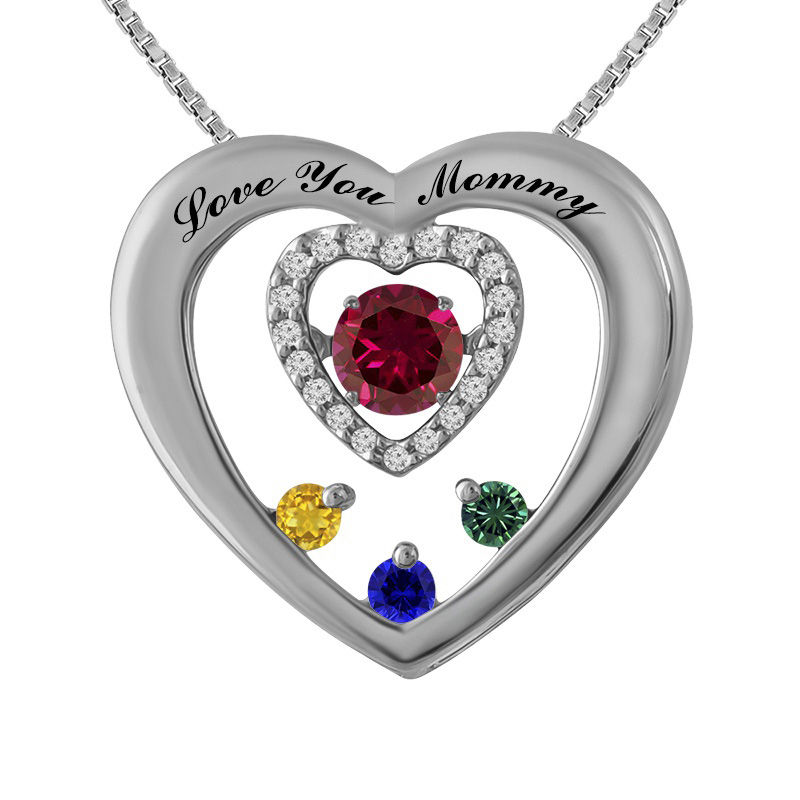 Main Image 1 of Unstoppable Love™ Mother's Birthstone and Diamond Accent Heart Pendant in Sterling Silver (4 Stones and 2 Lines)