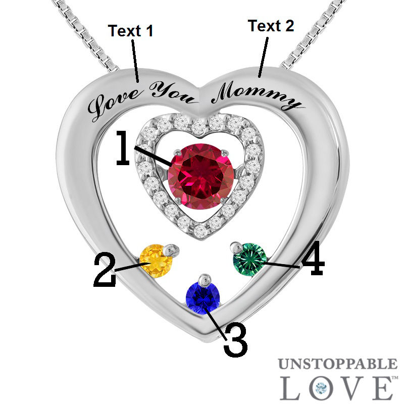 Main Image 2 of Unstoppable Love™ Mother's Birthstone and Diamond Accent Heart Pendant in Sterling Silver (4 Stones and 2 Lines)