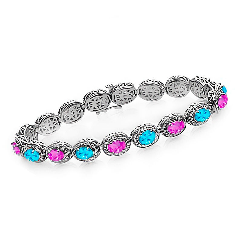 Main Image 1 of Oval Birthstone and Diamond Accent Frame Bracelet in Sterling Silver (2 Stones)