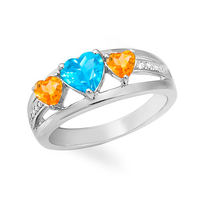 Main Image 1 of Mother's Heart-Shaped Birthstone and Diamond Accent Split Shank Ring 10K Gold (3 Stones)