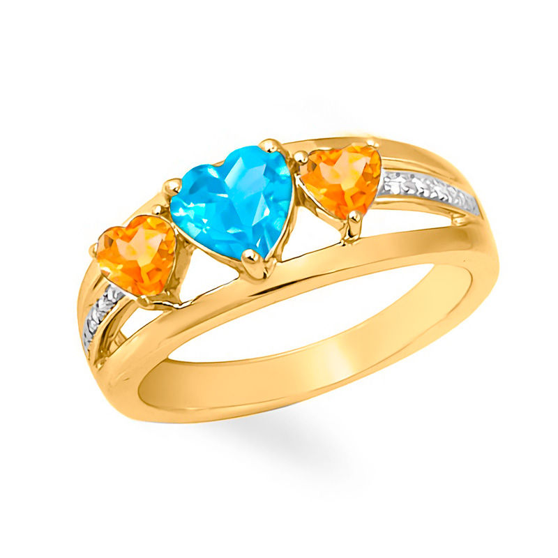 Main Image 2 of Mother's Heart-Shaped Birthstone and Diamond Accent Split Shank Ring 10K Gold (3 Stones)