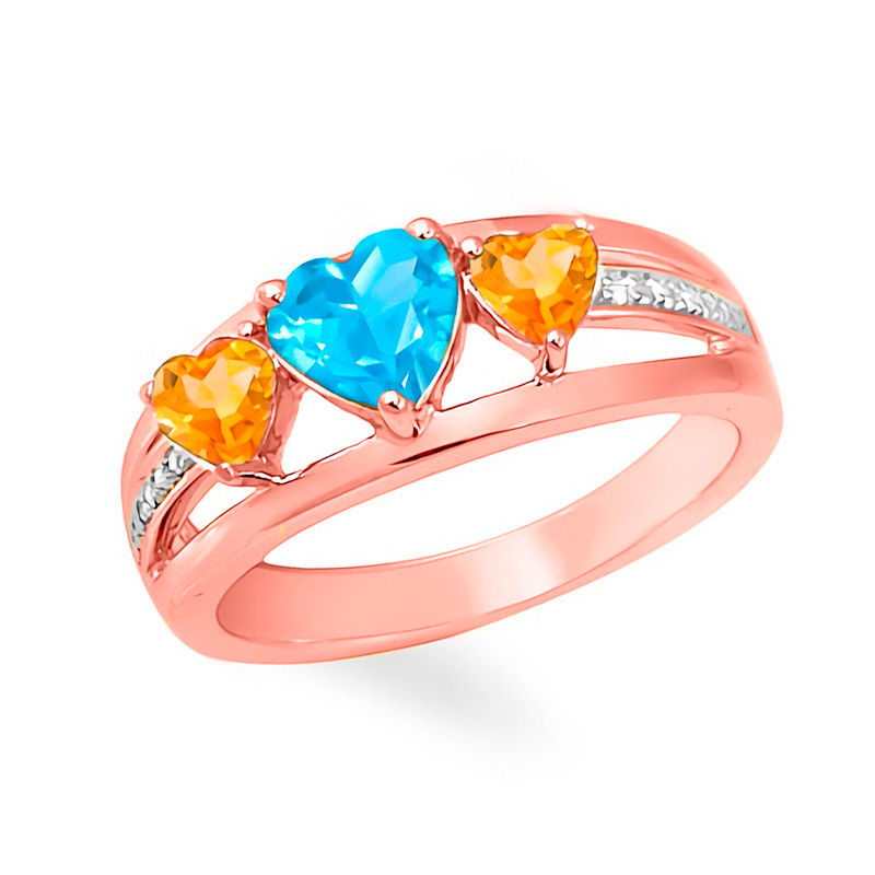 Main Image 3 of Mother's Heart-Shaped Birthstone and Diamond Accent Split Shank Ring 10K Gold (3 Stones)