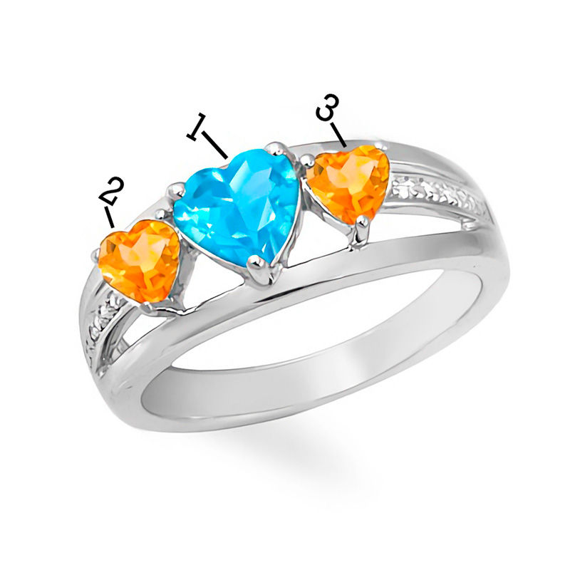 Main Image 4 of Mother's Heart-Shaped Birthstone and Diamond Accent Split Shank Ring 10K Gold (3 Stones)