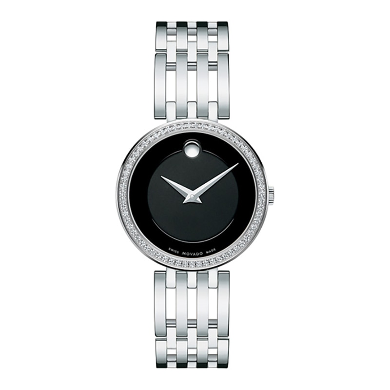 Main Image 1 of Ladies' Movado Esperanza 1/4 CT. T.W. Diamond Bezel Watch with Black Dial (Model: 0607052)
