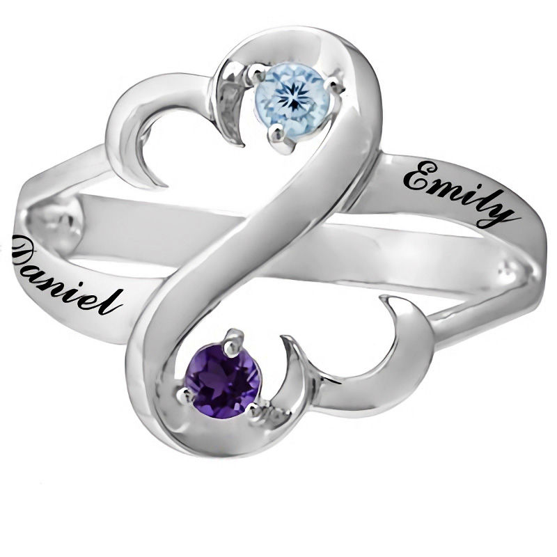 Open Hearts Family by Jane Seymour™ Couple's Birthstone Split-Shank Ring in Sterling Silver (2 Stones and Names)