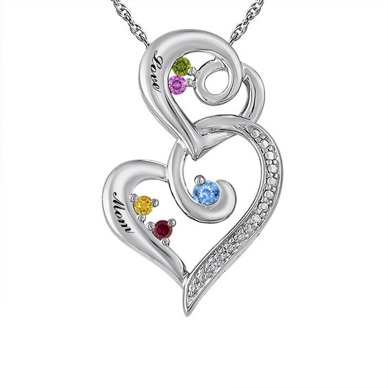 Mother's Birthstone and Diamond Accent Abstract Hearts Pendant in Sterling Silver (5 Stones and 2 Lines)