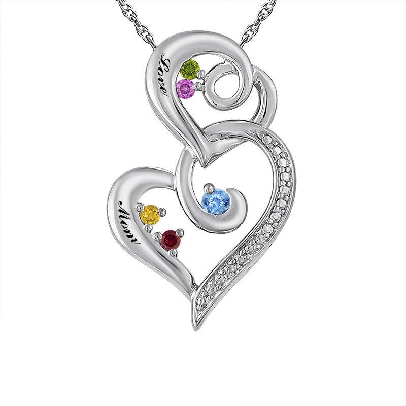 Main Image 1 of Mother's Birthstone and Diamond Accent Abstract Hearts Pendant in Sterling Silver (5 Stones and 2 Lines)