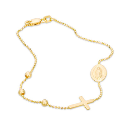 Real 14K Yellow White Gold Rosary Beads Virgin Mary Cross Bracelet 7.25" 4 MM 