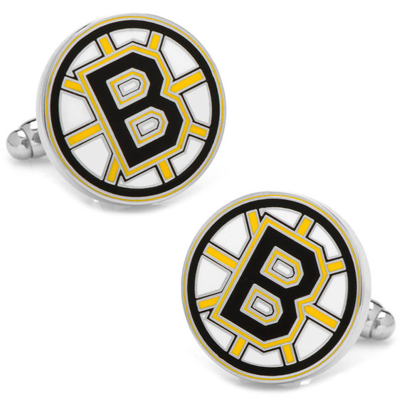 NHL Boston Bruins Logo Enamel Cuff Links in White Rhodium Brass