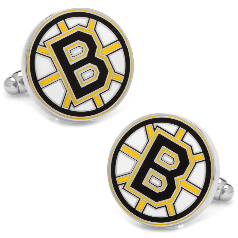 Main Image 1 of NHL Boston Bruins Logo Enamel Cuff Links in White Rhodium Brass