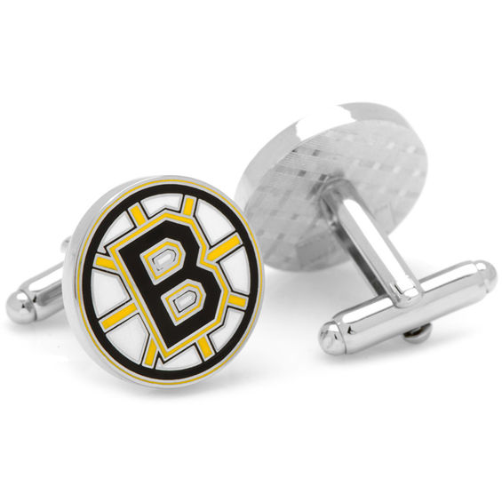 NHL Boston Bruins Logo Enamel Cuff Links in White Rhodium Brass