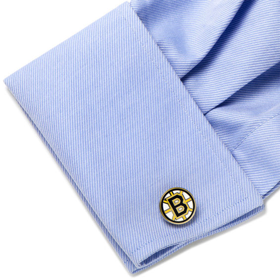 NHL Boston Bruins Logo Enamel Cuff Links in White Rhodium Brass
