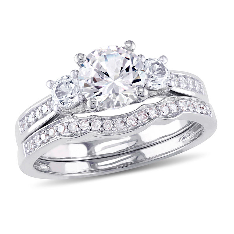 6.0mm Lab-Created White Sapphire and 1/8 CT. T.W. Diamond Three Stone Bridal Set in 10K White Gold