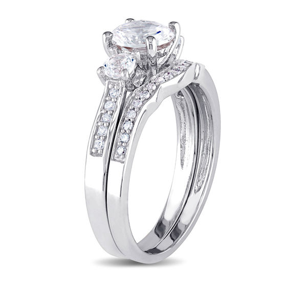 6.0mm Lab-Created White Sapphire and 1/8 CT. T.w. Diamond Three Stone Bridal Set in 10K White Gold