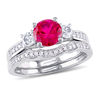 Thumbnail Image 1 of 6.0mm Lab-Created Ruby and White Sapphire with 1/8 CT. T.W. Diamond Three Stone Bridal Set in 10K White Gold