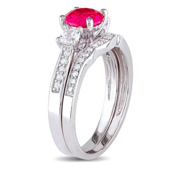 6.0mm Lab-Created Ruby and White Sapphire with 1/8 CT. T.w. Diamond Three Stone Bridal Set 10K Gold