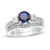 Thumbnail Image 0 of 6.0mm Lab-Created Blue and White Sapphire with 1/8 CT. T.W. Diamond Three Stone Bridal Set in 10K White Gold