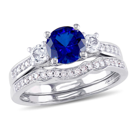 6.0mm Lab-Created Blue and White Sapphire with 1/8 CT. T.W. Diamond ...