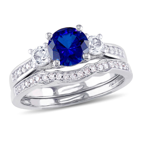 6.0mm Lab Created Blue and White Sapphire with 1 8 CT. T.W. Diamond Three Stone Bridal Set in 10K White Gold Zales