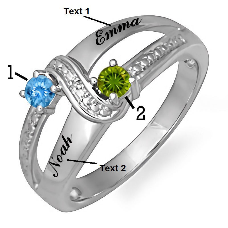 Couple's Birthstone and Diamond Accent "S" Split Shank Ring in Sterling Silver (2 Stones and Names)