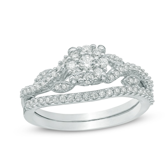 1/2 CT. T.w. Diamond Frame Vine Split Shank Bridal Set in 10K White Gold